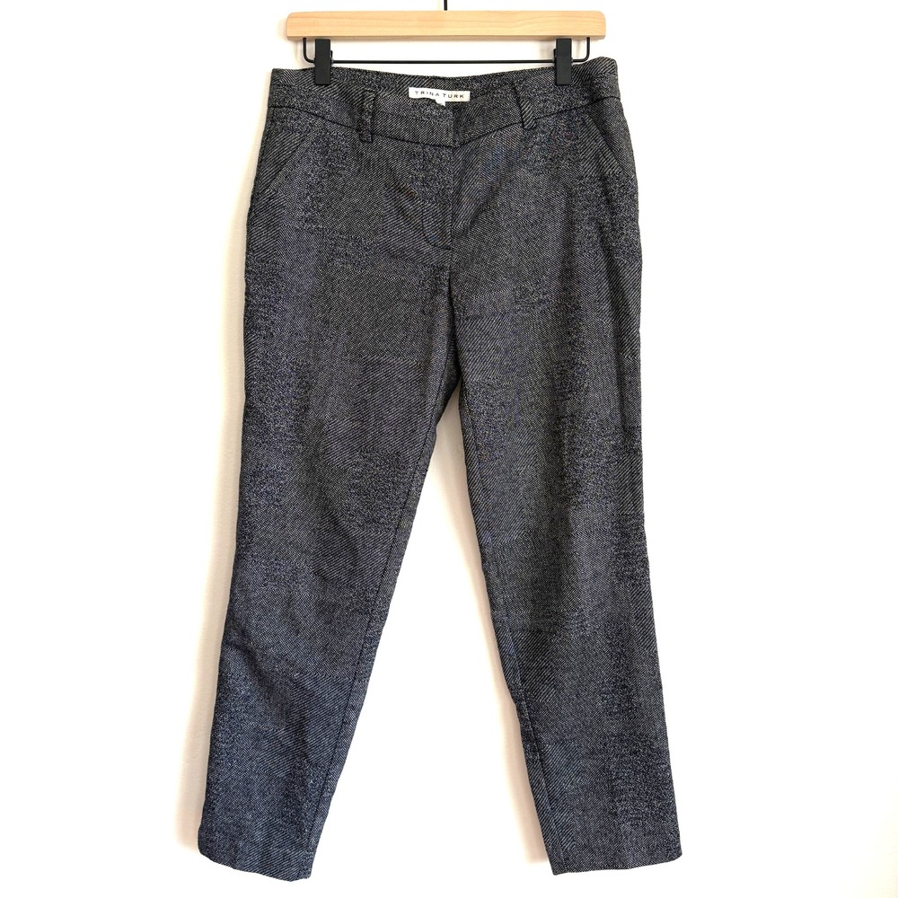 Trina Turk Women's Wool Blend Slim Fit Pants Size 6 Gray Black Patch Tweed‎
